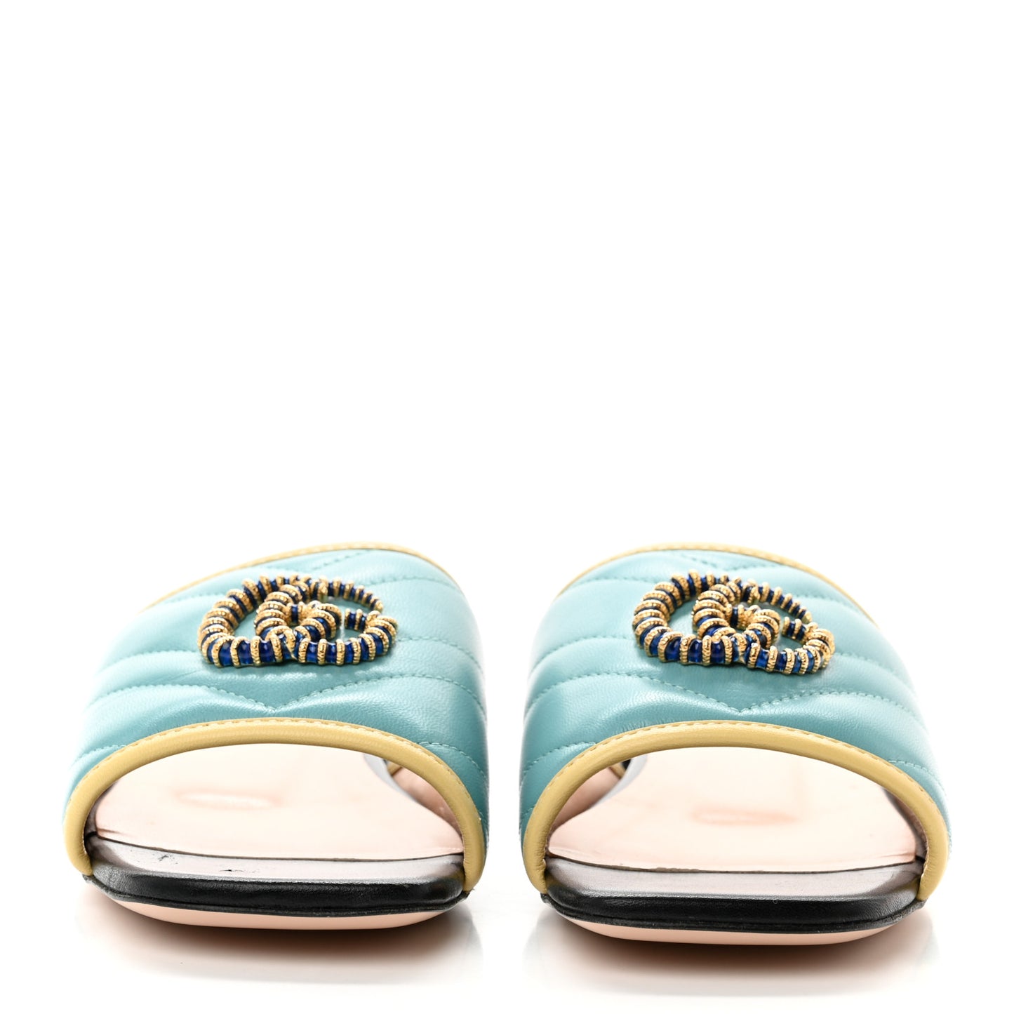 Malaga Kid Matelasse Enamel GG Marmont Flat Slide Sandals 35.5 35.5 Dusty Azure Burro
