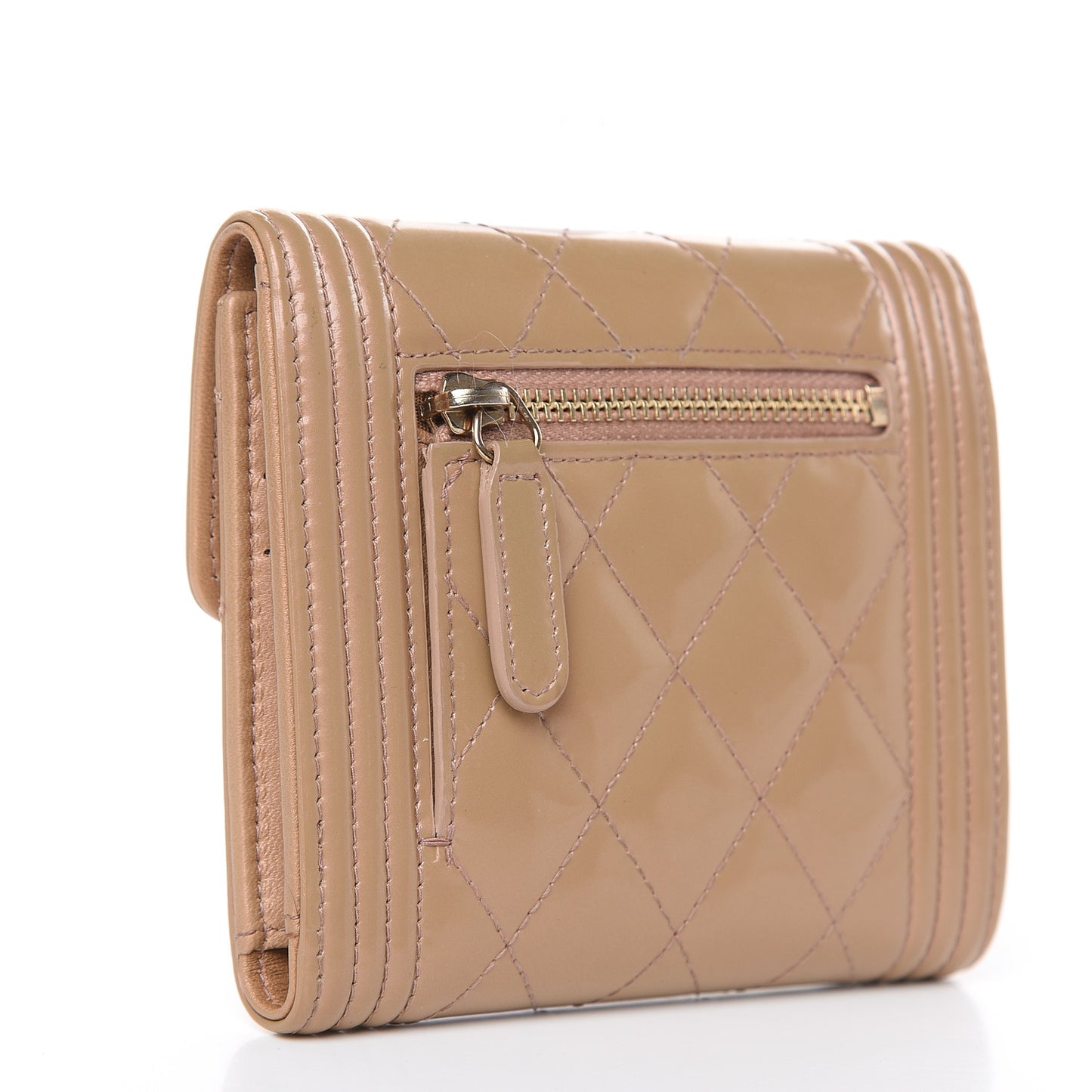 Iridescent Glazed Calfskin Quilted Compact Boy Wallet Beige