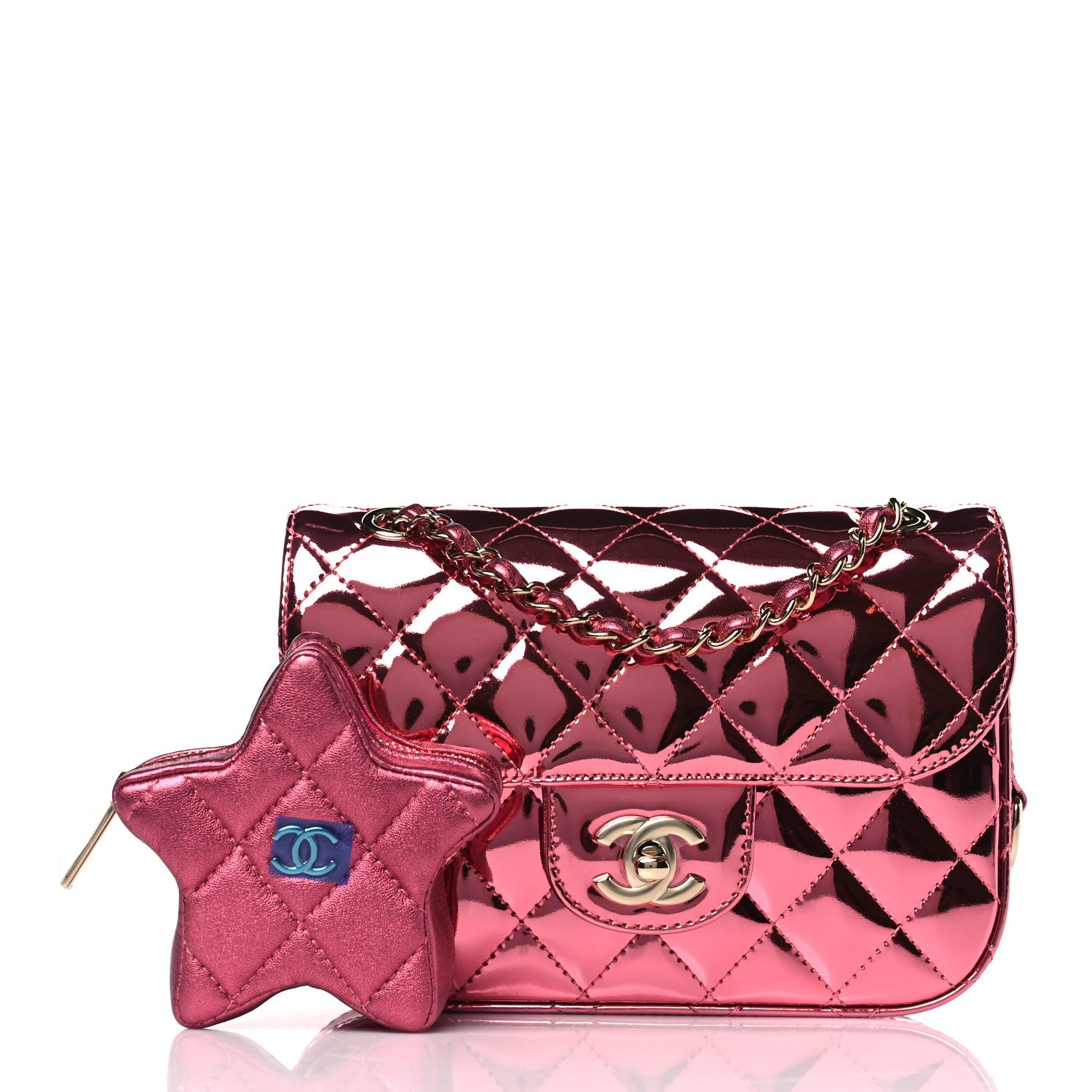 Chanel Mirror Calfskin Metallic Lambskin Quilted Hollywood Boulevard Mini Flap With Star Coin Purse Pink 3 of 11