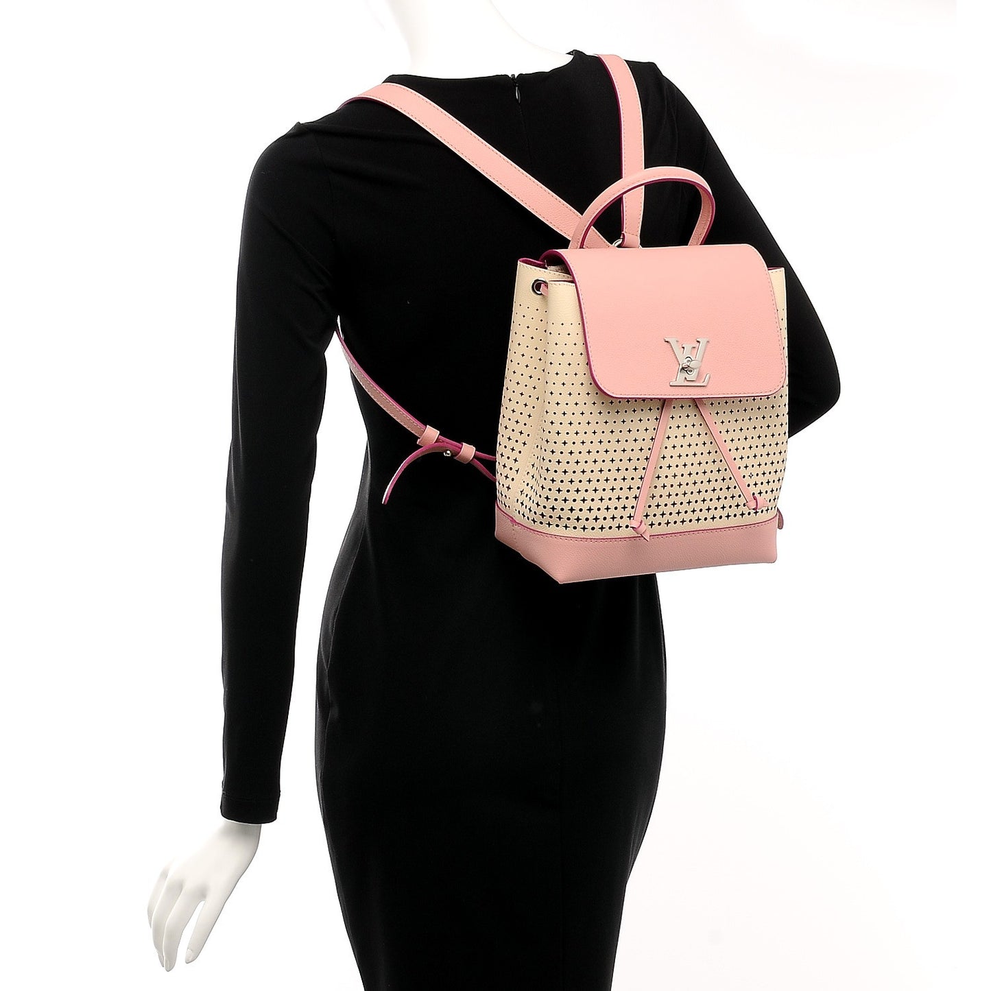 Perforated Calfskin Lockme Backpack Rose Poudre Creme