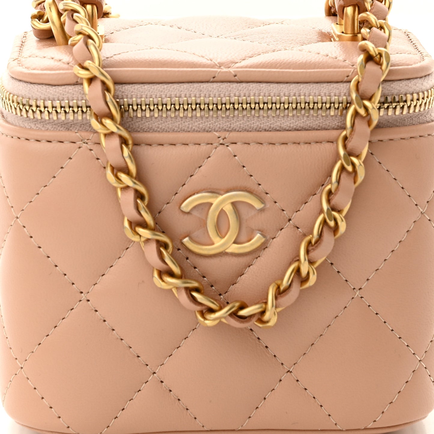 Lambskin Quilted Top Handle Mini Vanity Case With Chain Beige