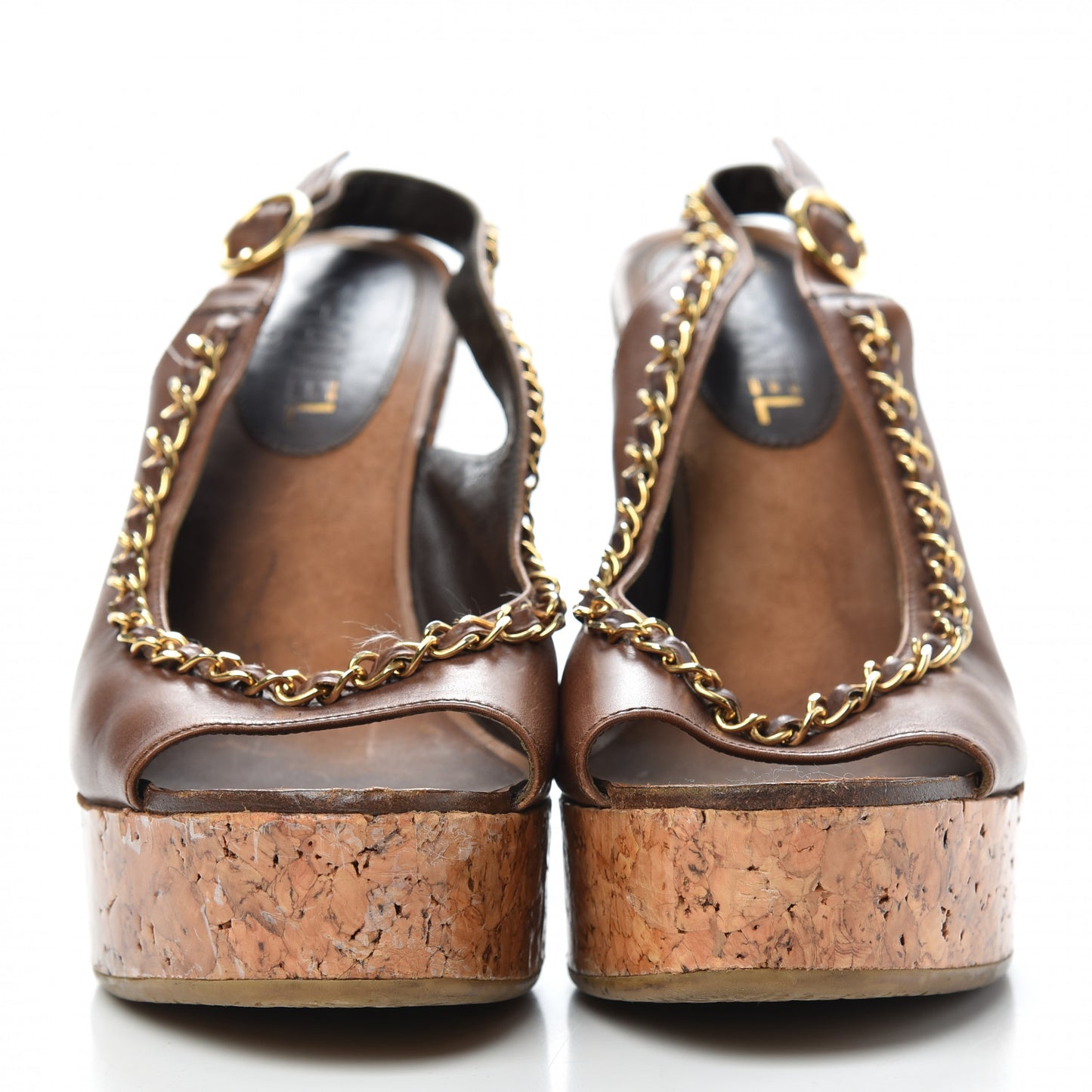 Lambskin Cork Chain CC Wedge Sandals 39 Brown