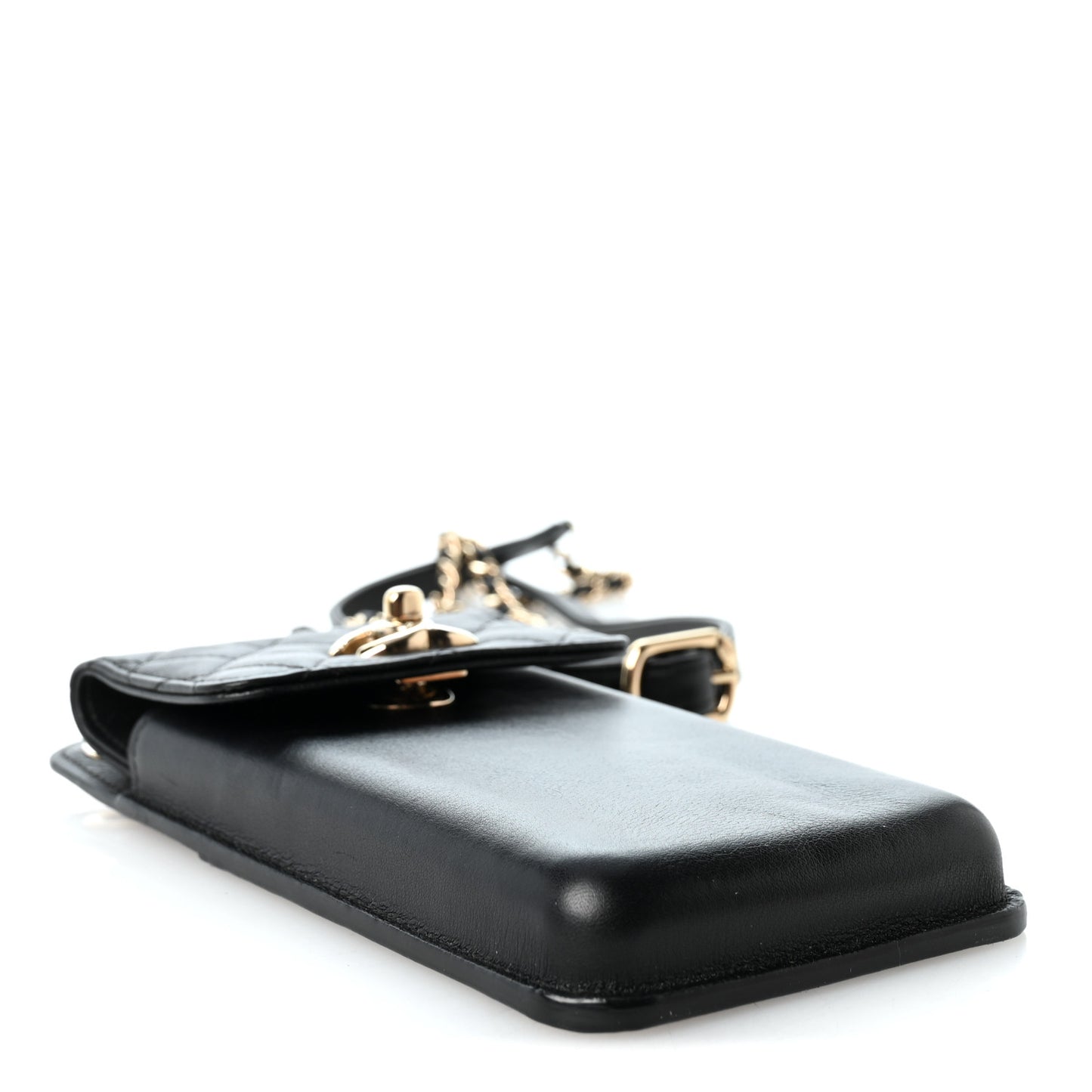 Lambskin Quilted Phone Holder Flap With Chain Black