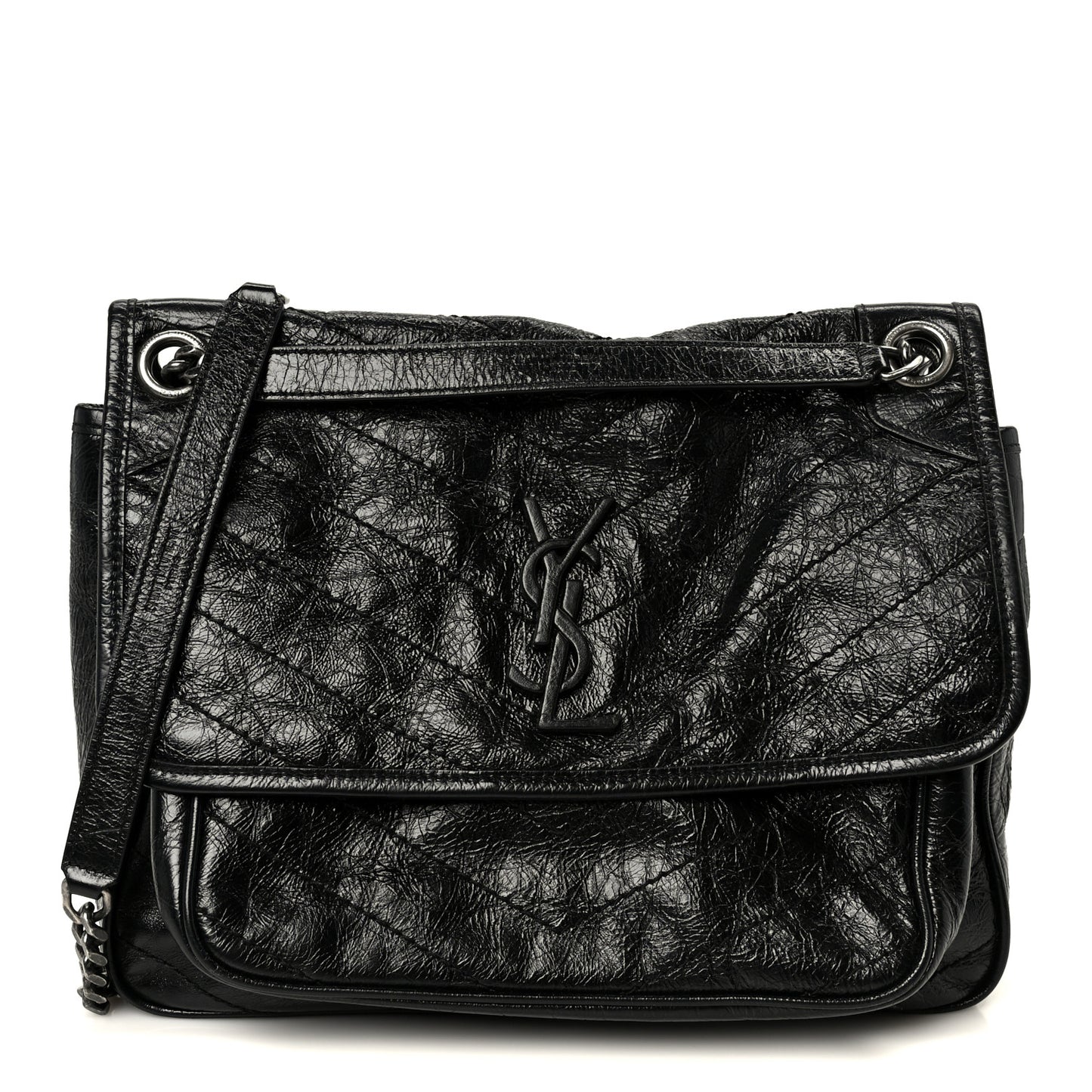 Crinkled Calfskin Matelasse Monogram Medium Niki Chain Satchel Black