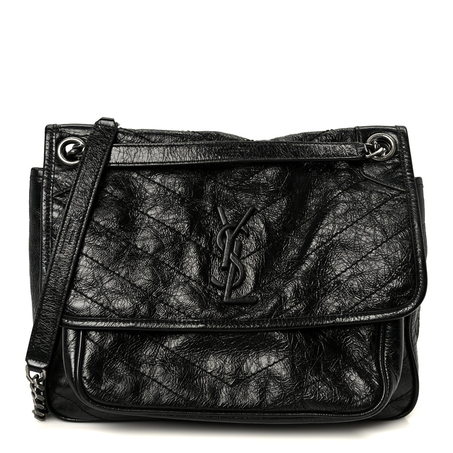 Saint Laurent Crinkled Calfskin Matelasse Monogram Medium Niki Chain Satchel Black 1 of 10