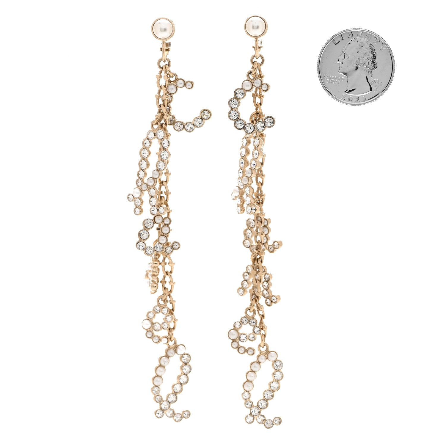 Chanel Crystal Pearl Drop Letter Earrings Gold 2 of 4