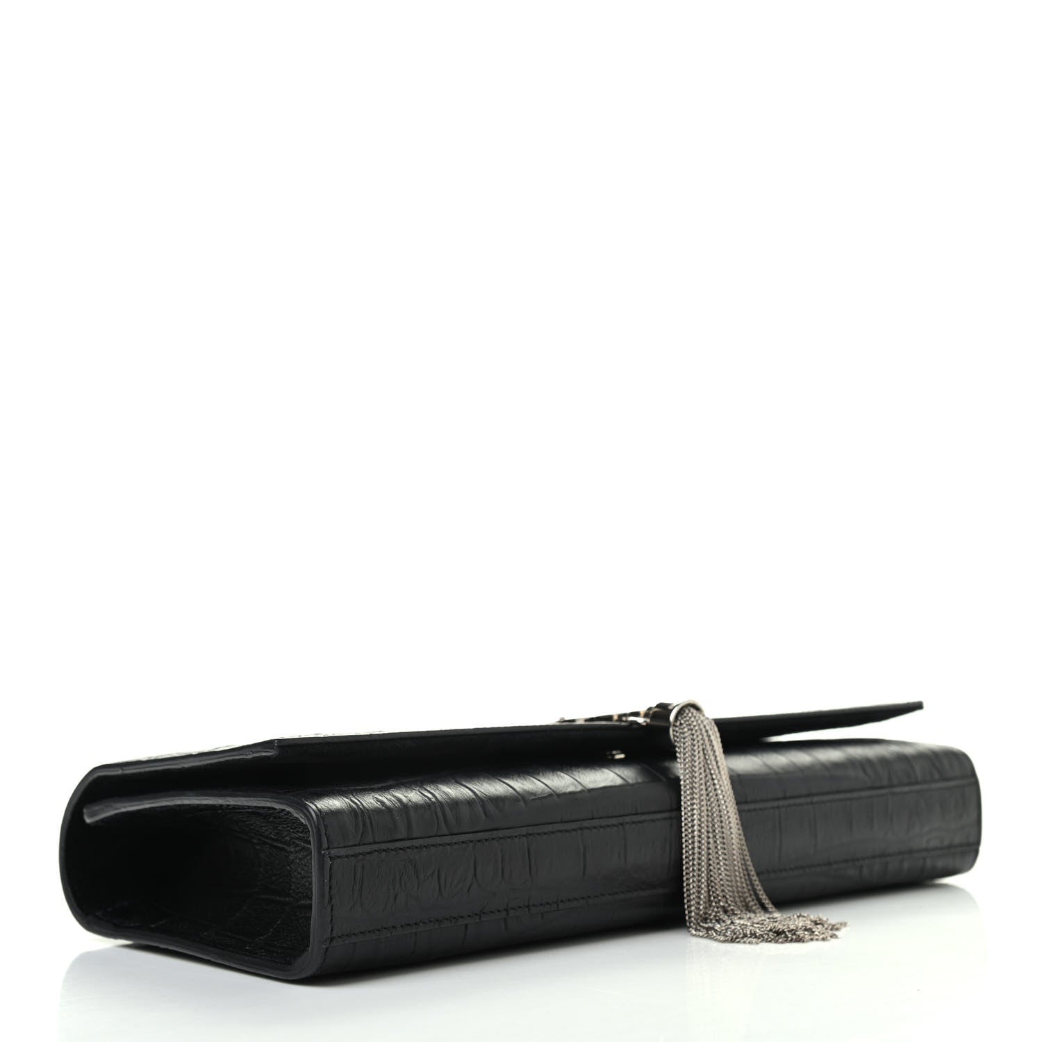 Saint Laurent Calfskin Crocodile Embossed Classic Monogram Tassel Clutch Black 4 of 7