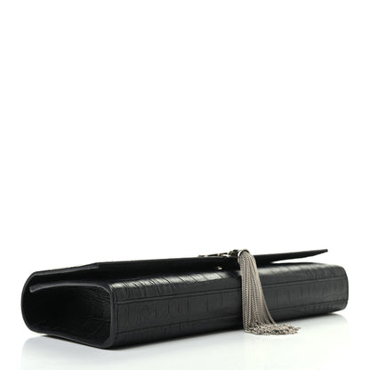 Saint Laurent Calfskin Crocodile Embossed Classic Monogram Tassel Clutch Black 4 of 7