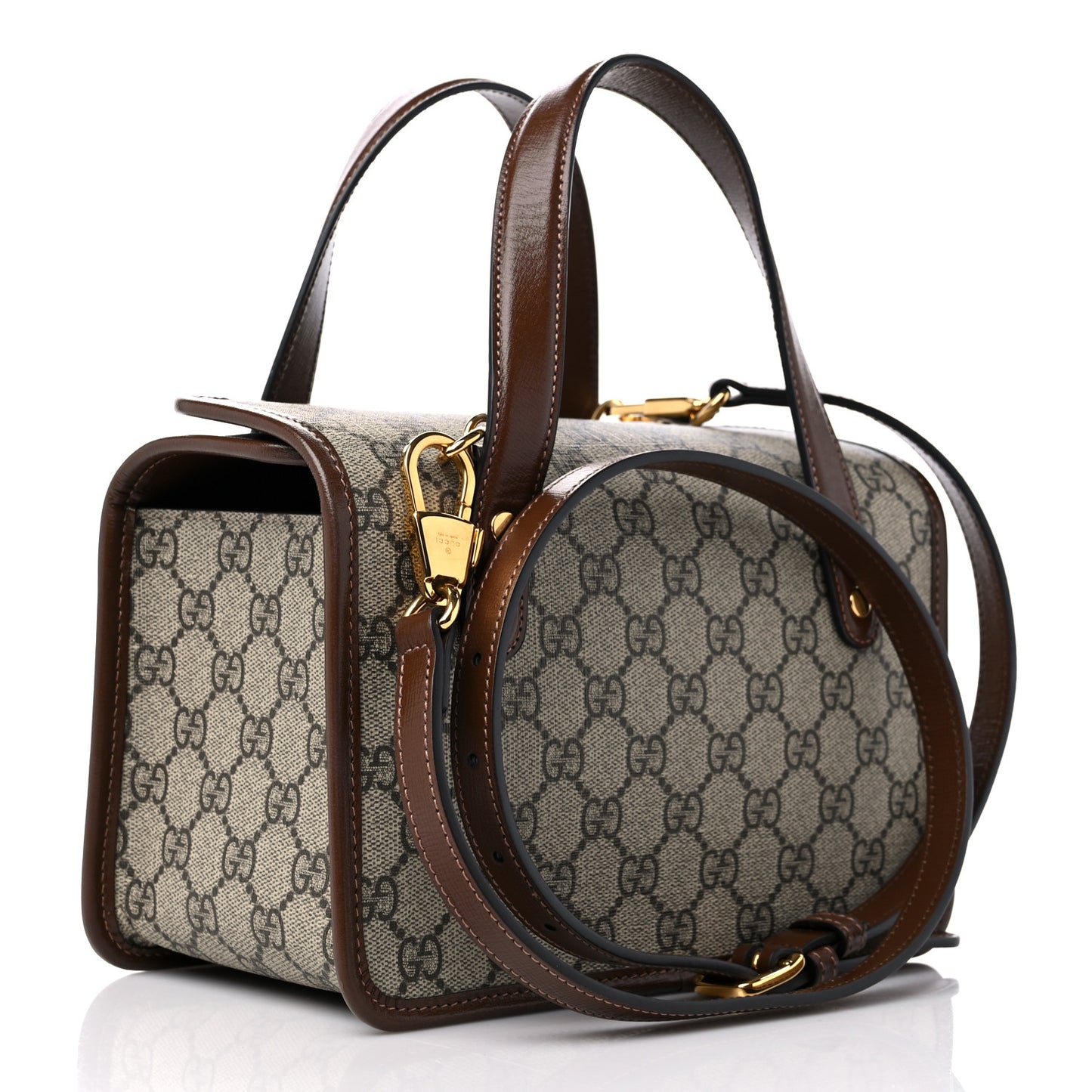 GG Supreme Monogram Azalea Calfskin Mini Horsebit 1955 Foldover Top Handle Bag Beige Ebony Brown Sugar