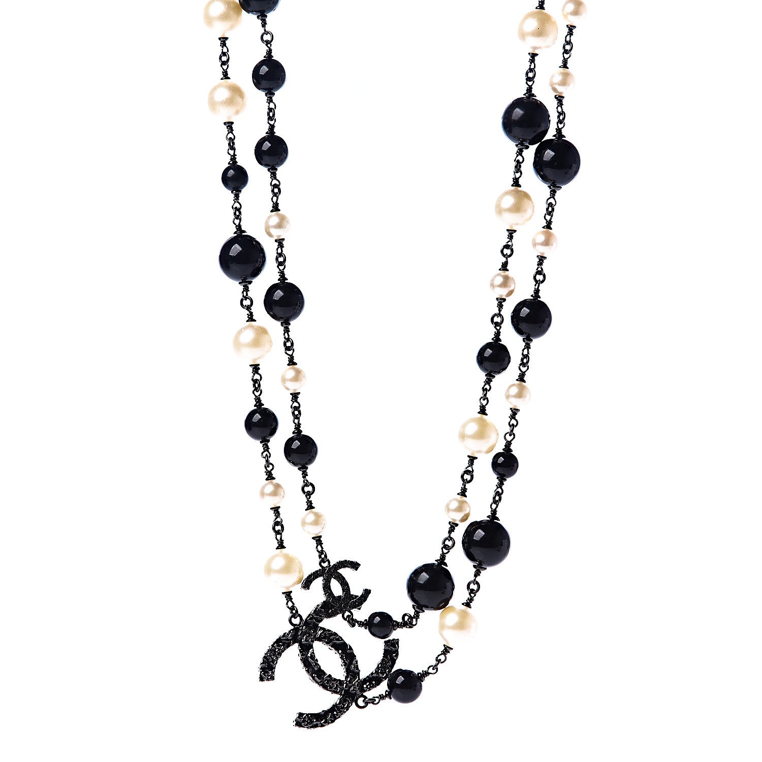 Chanel Pearl Beaded Crystal CC Long Necklace Black Silver 1 of 4