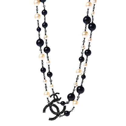 Chanel Pearl Beaded Crystal CC Long Necklace Black Silver 1 of 4