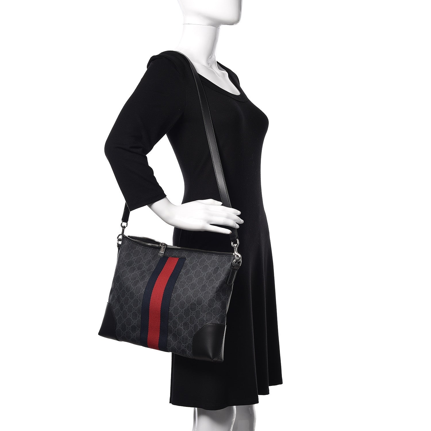 Gucci Soft GG Supreme Monogram Appia Calfskin Web East West Messenger Bag Black Grey 2 of 9