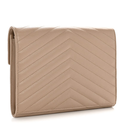 Saint Laurent Grain De Poudre Matelasse Chevron Monogram Envelope Clutch Dark Beige 3 of 12