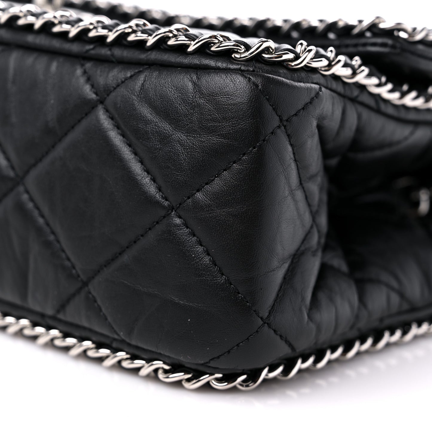 Crumpled Calfskin Medium Chain All Over Flap Black