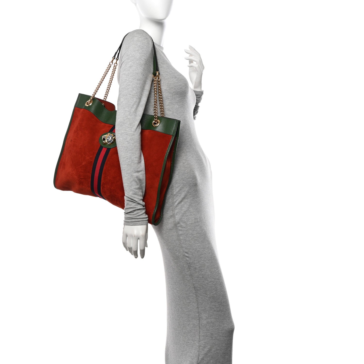 Gucci Suede Calfskin Large Rajah Chain Tote Brown Green 2 of 15
