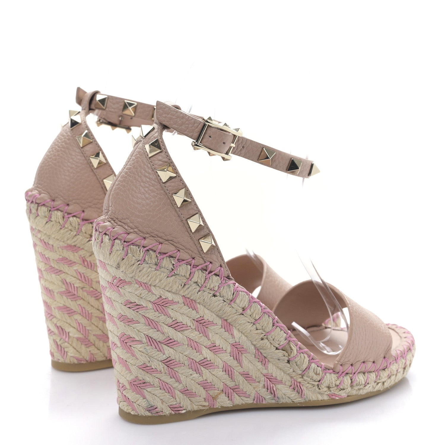Valentino Garavani Grained Calfskin Rockstud Ankle Strap Espadrille 15/105mm Wedge Sandals 35 Rose Cannelle Natural 4 of 10