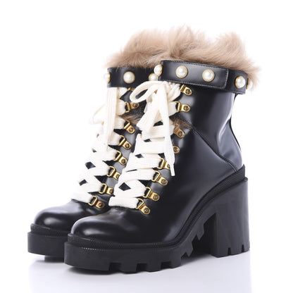 Gucci Magnum Calfskin Fur Pearl Lace Up Combat Ankle Boots 37 Black Naturale 3 of 8