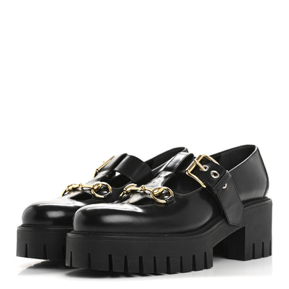 Gucci Calfskin Womens Horsebit Platform Chunky Lug Sole Mary Jane 40mm Loafers 38 Black 4 of 10