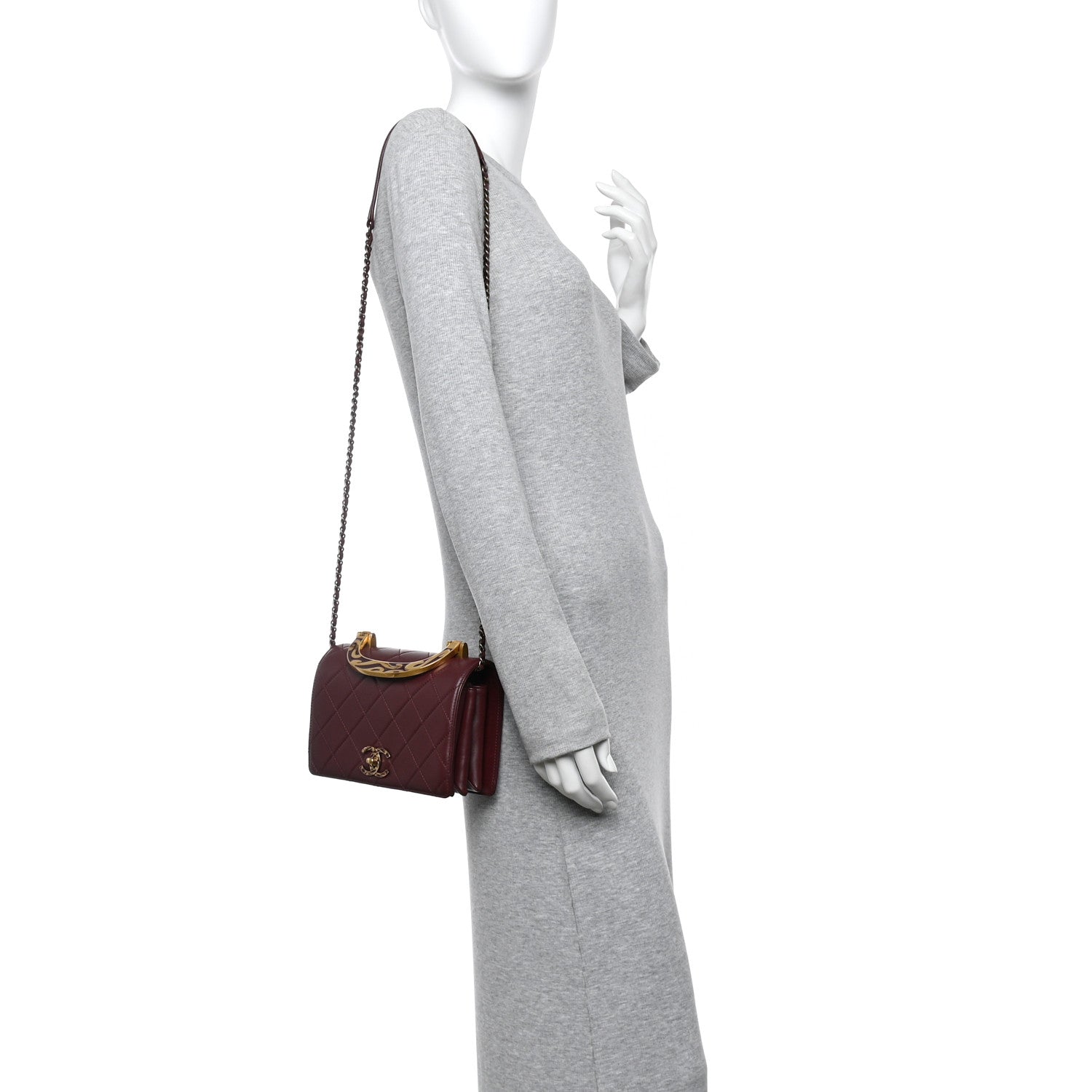 Chanel Iridescent Sheepskin Quilted Enamel Top Handle Bag Burgundy