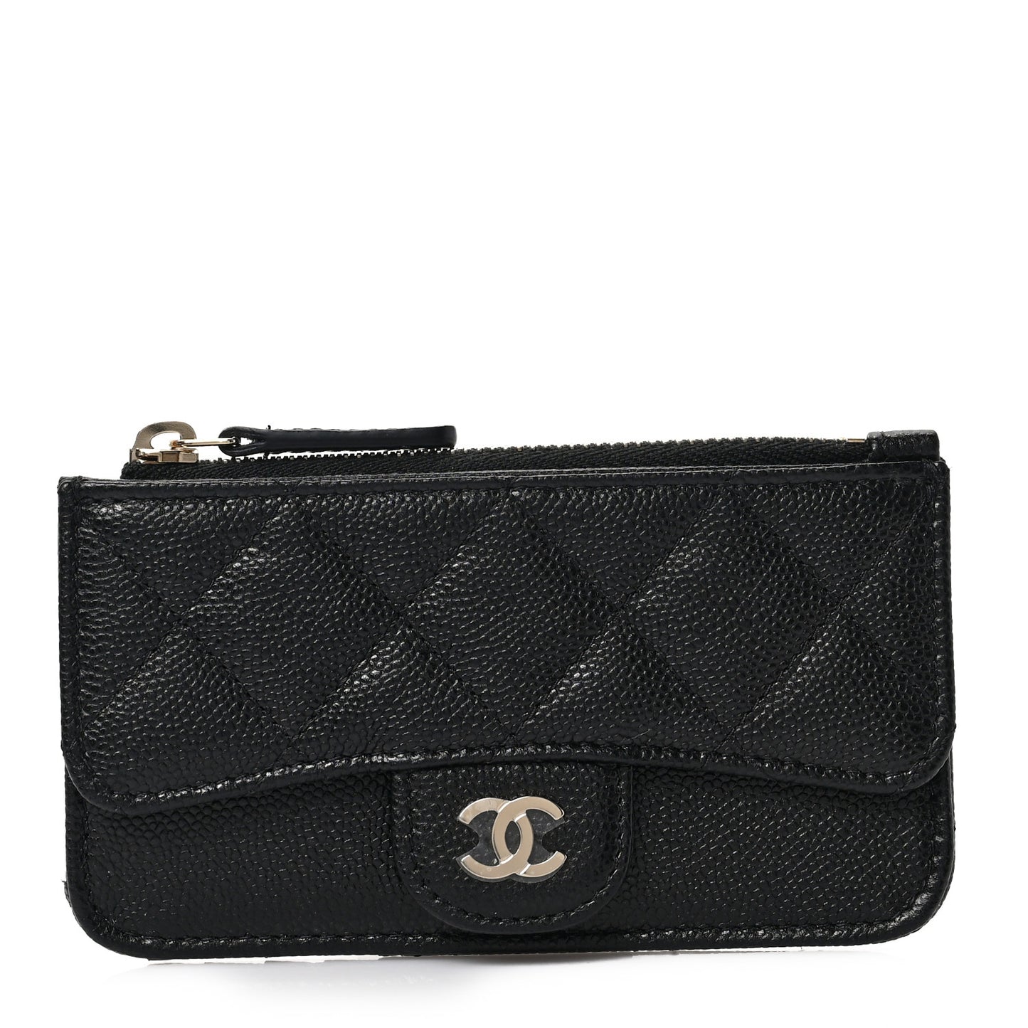 Caviar Quilted Flap Zip Card Holder Black