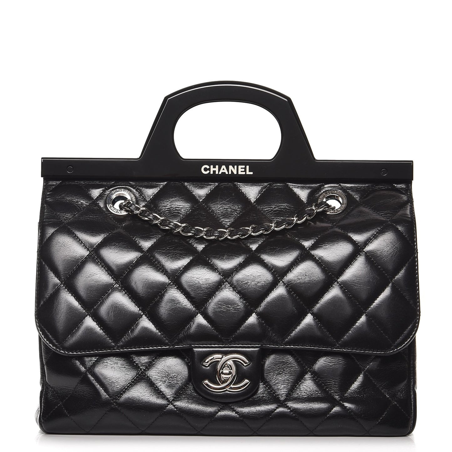 Glazed Calfskin Quilted Small CC Delivery Tote Black