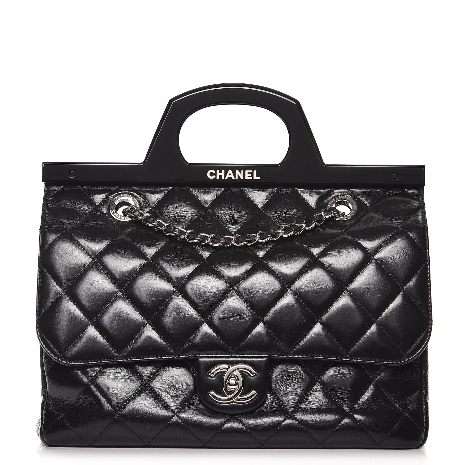 Chanel Glazed Calfskin Quilted Small CC Delivery Tote Black 1 of 12