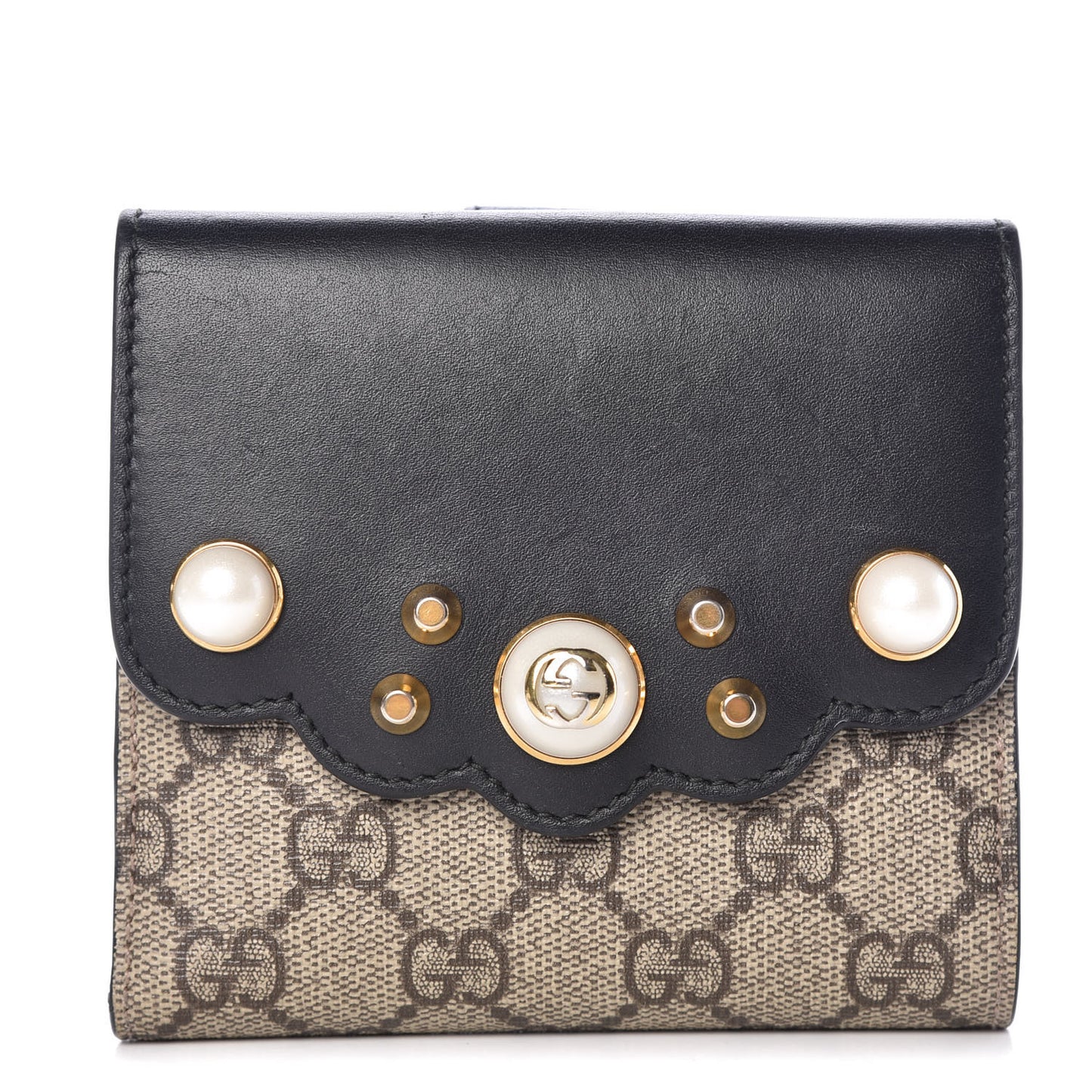 GG Supreme Monogram Pearl Studded French Wallet Black