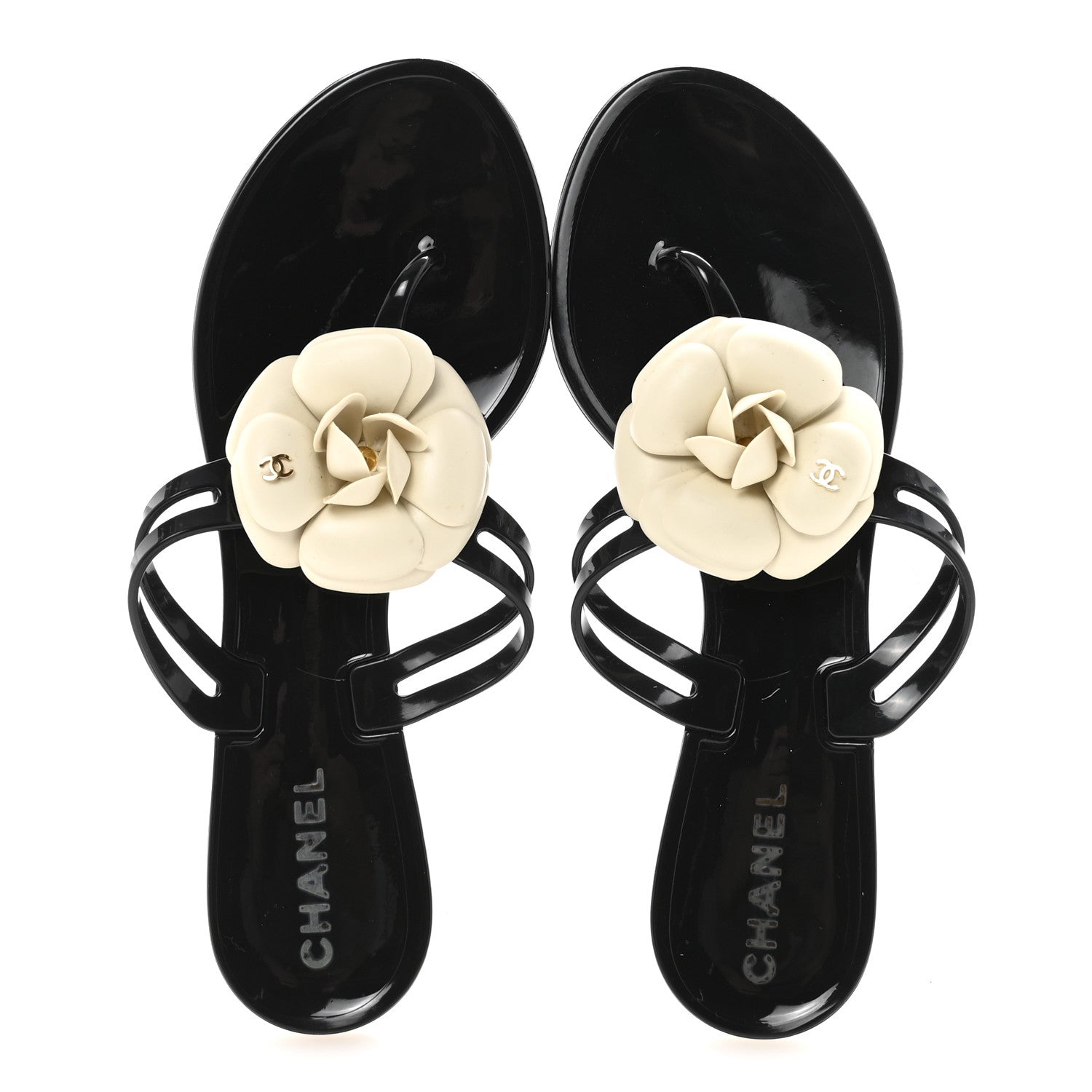 Chanel Jelly Camellia Thong Sandals 38 Black Ivory 2 of 8