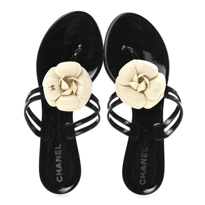 Chanel Jelly Camellia Thong Sandals 38 Black Ivory 2 of 8
