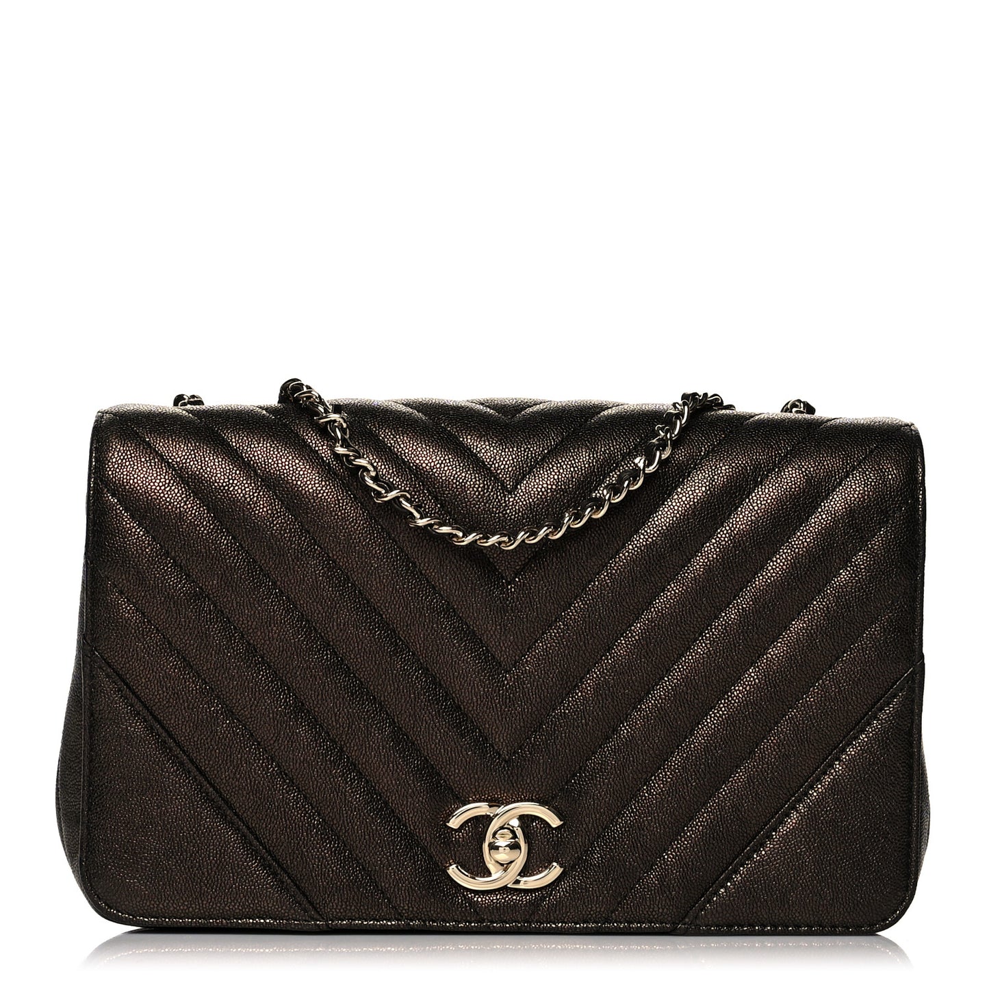 Metallic Caviar Chevron Quilted Medium Statement Flap Bronze
