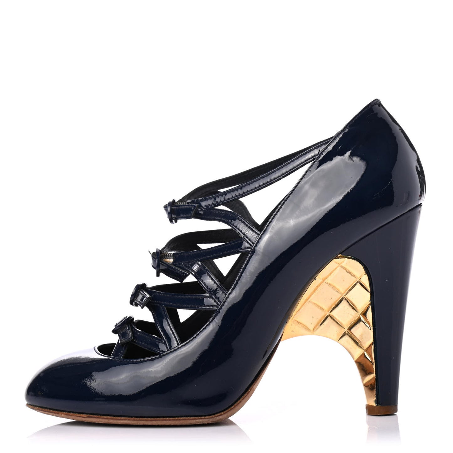 Patent Calfskin Quilted CC Strap Pumps 38.5 Navy Gold