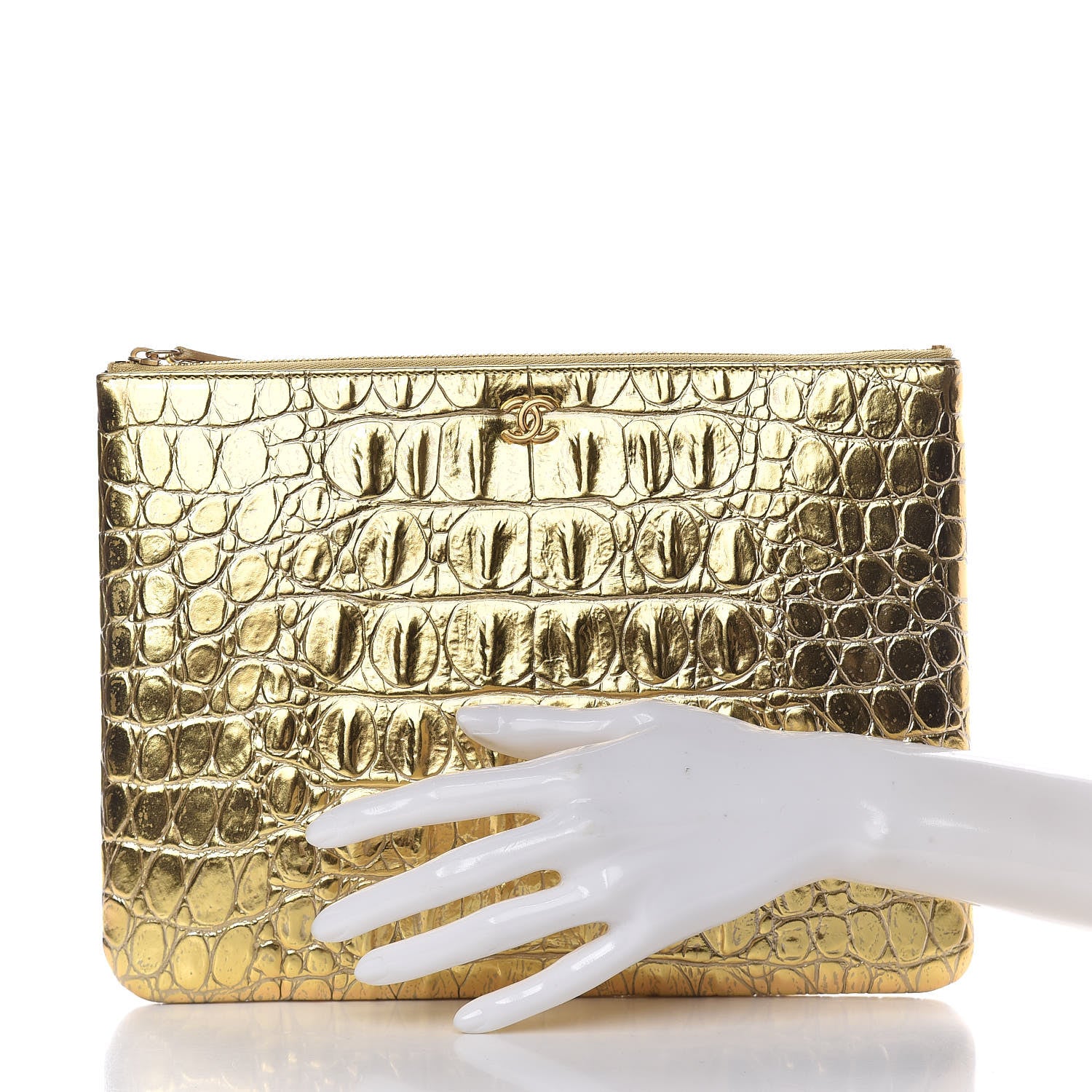 Chanel Metallic Calfskin Crocodile Embossed Medium Cocodile Cosmetic Case Gold 2 of 8