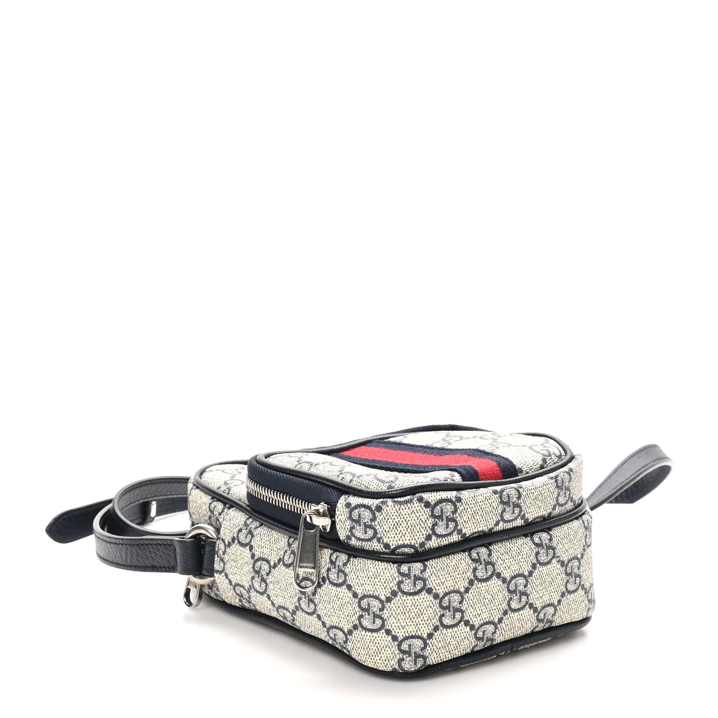 GG Supreme Monogram Textured Dollar Calfskin Web Mini Ophidia Double Zip Messenger Bag Beige Blue