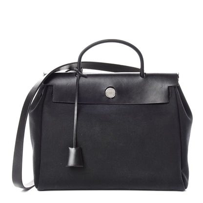 Hermes Vache Calfskin Toile Herbag 30 PM Black Natural 1 of 16