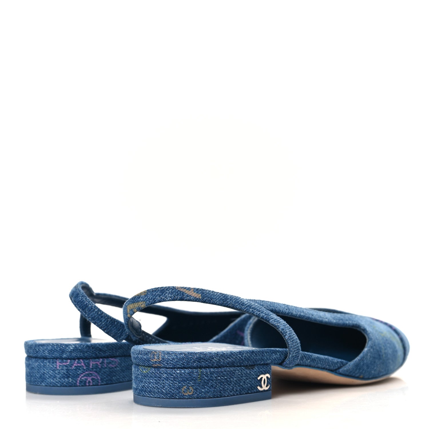 Chanel Denim Printed Denim Mood Cap Toe CC Slingback Flats 36 Light Blue Multicolor 5 of 9