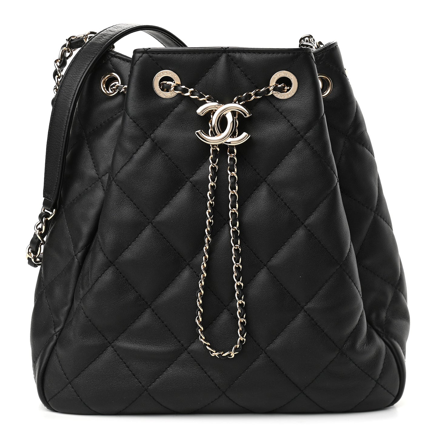 Lambskin Quilted Chain Drawstring Bag Black