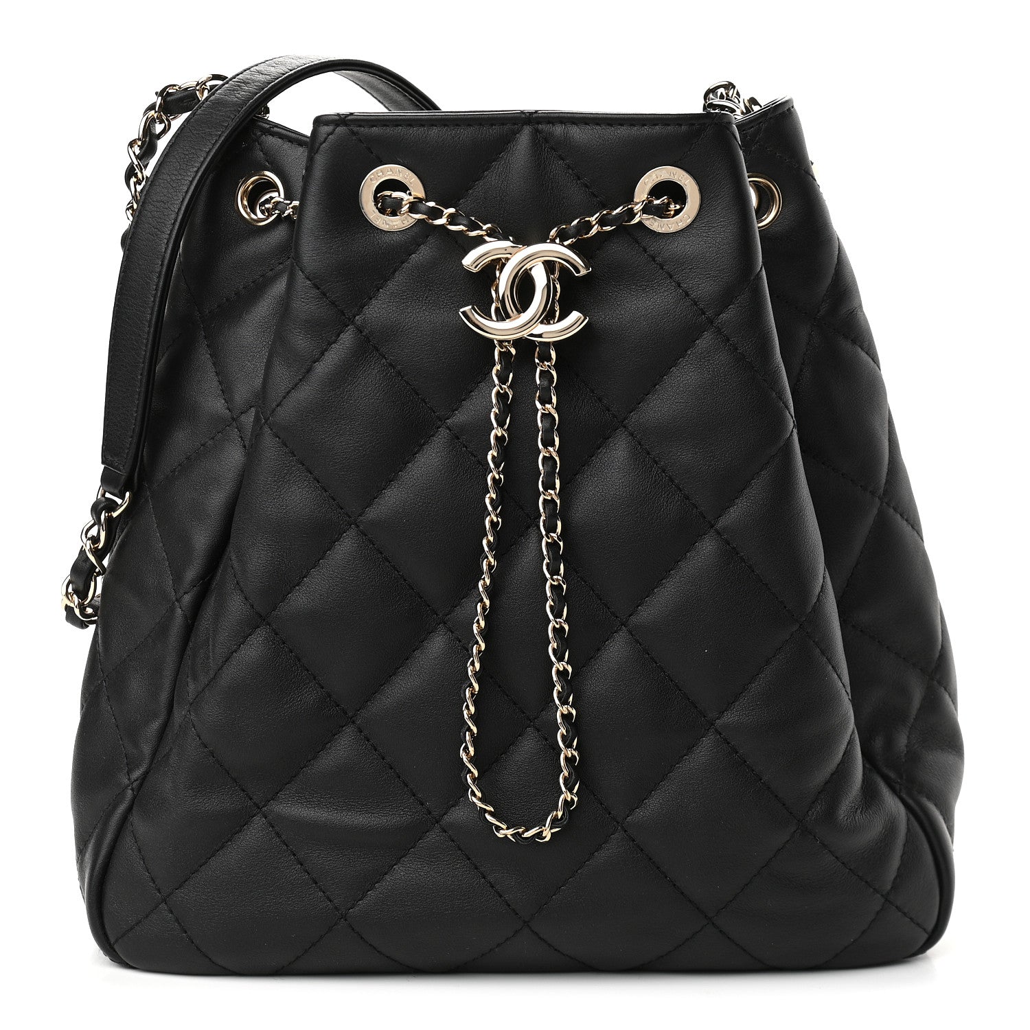 Chanel Lambskin Quilted Chain Drawstring Bag Black 1 of 10