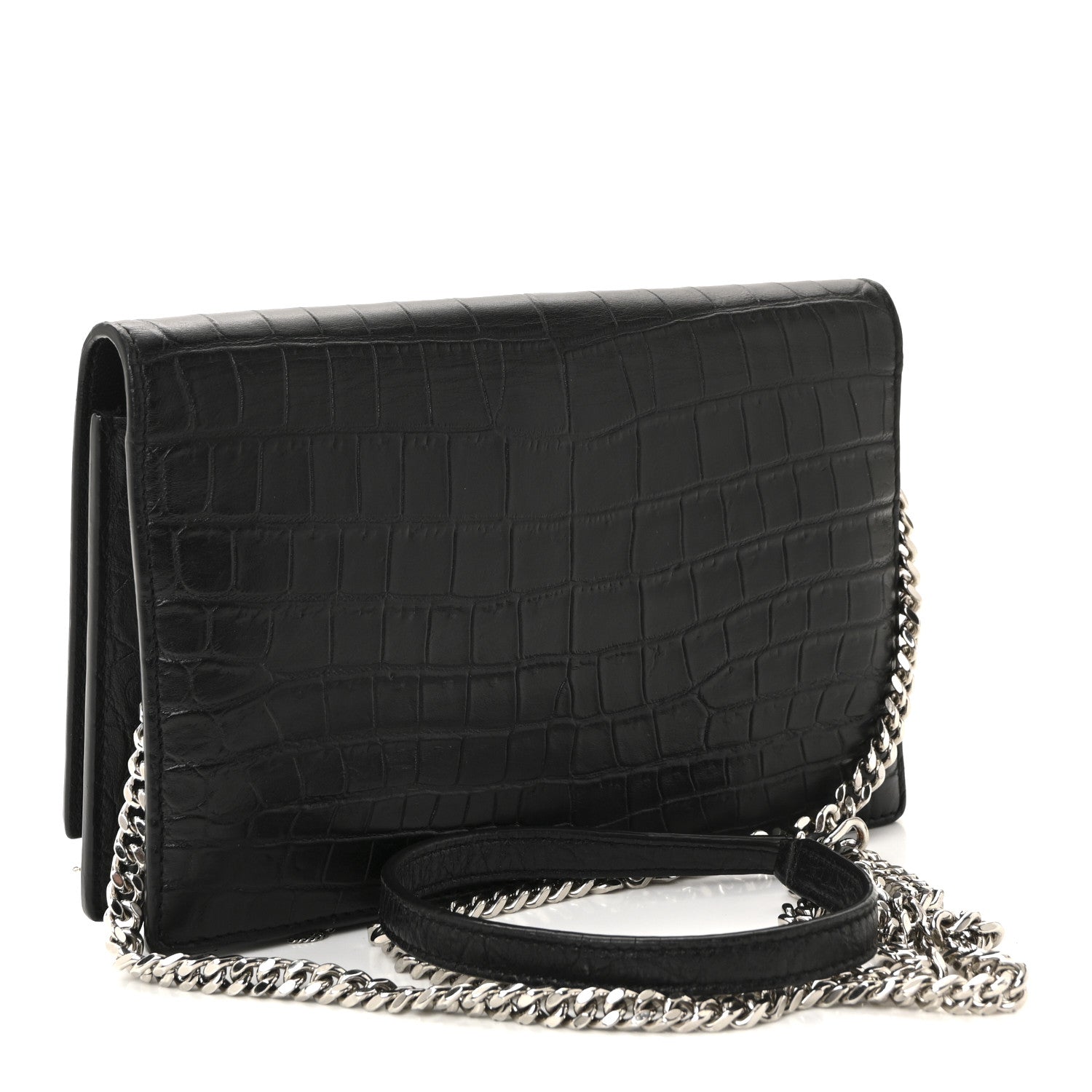 Saint Laurent Calfskin Crocodile Embossed Kate Monogram Tassel Chain Wallet Black Black 3 of 9