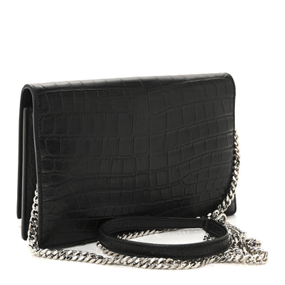 Saint Laurent Calfskin Crocodile Embossed Kate Monogram Tassel Chain Wallet Black Black 3 of 9