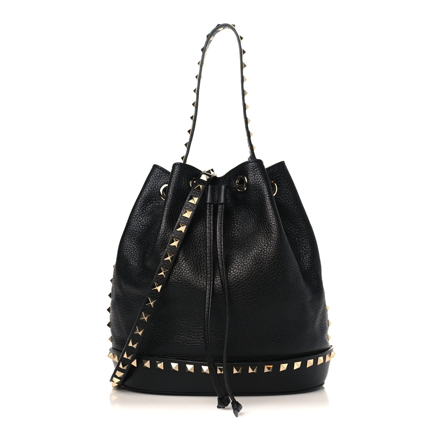 Pebbled Calfskin Rockstud Bucket Bag Black