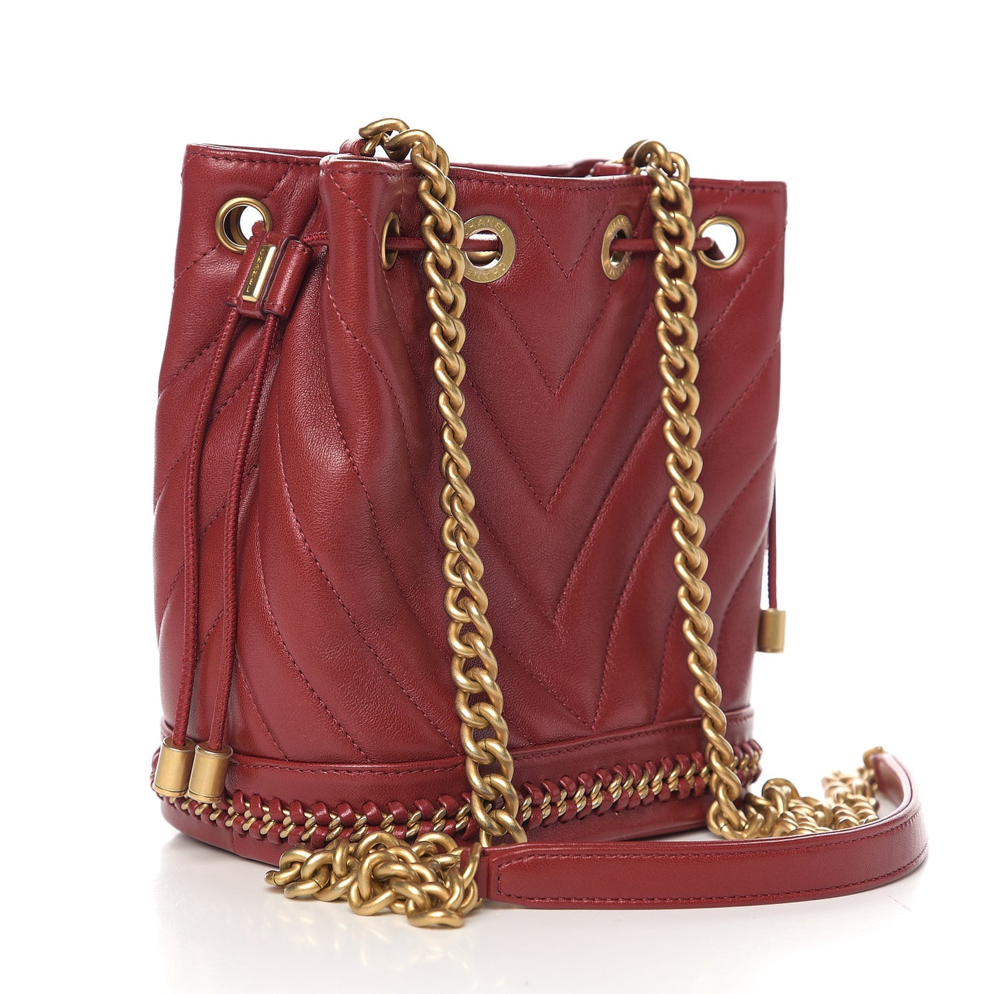 Sheepskin Chevron Quilted Small Drawstring Bag Dark Red