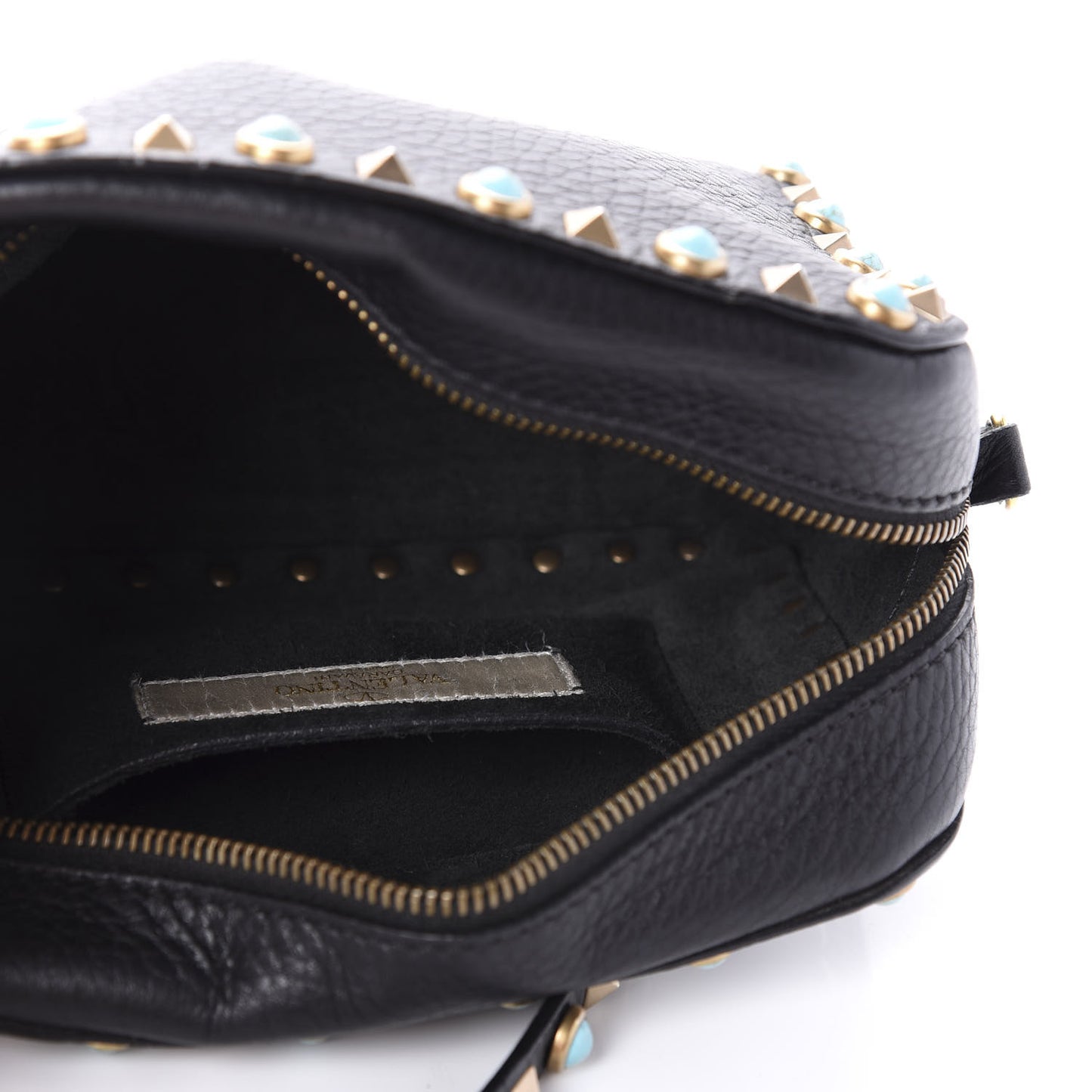 Grained Calfskin Turquoise Rockstud Rolling Camera Crossbody Bag Black
