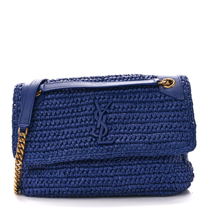 Saint Laurent Raffia Calfskin Monogram Medium Niki Chain Satchel Blue 1 of 12