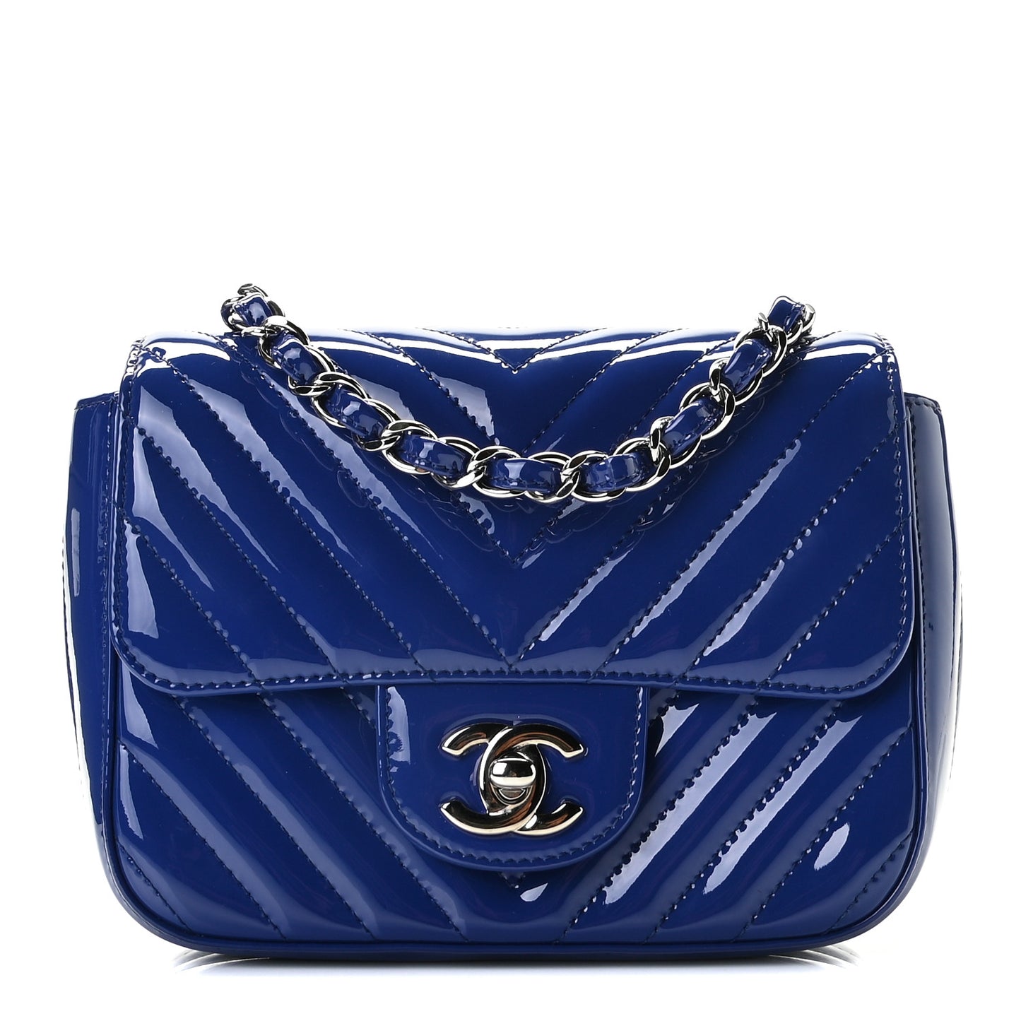 Patent Chevron Quilted Mini Square Flap Blue