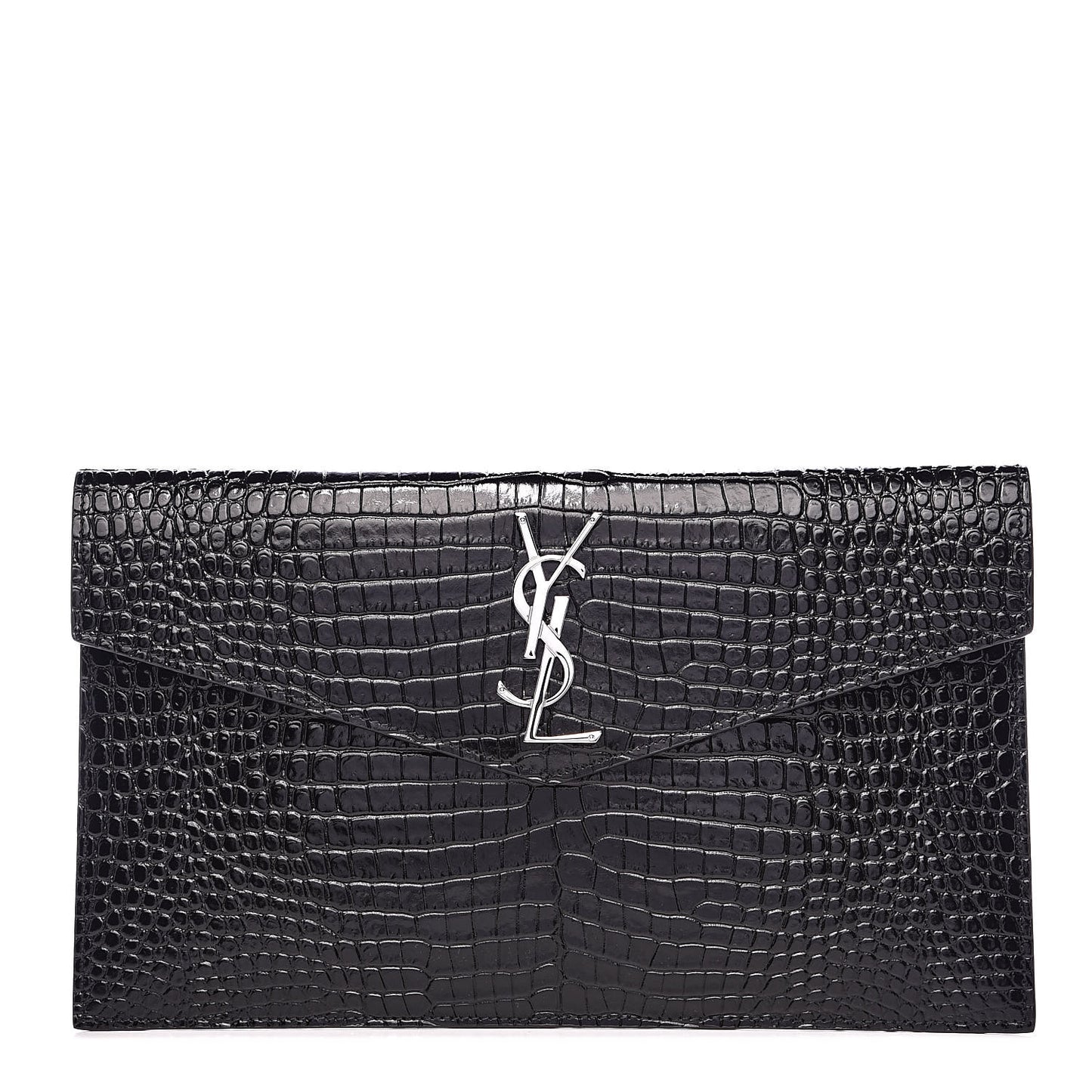 Calfskin Crocodile Embossed Uptown Monogram Clutch Black