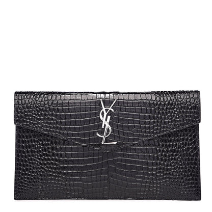 Saint Laurent Calfskin Crocodile Embossed Uptown Monogram Clutch Black 1 of 7