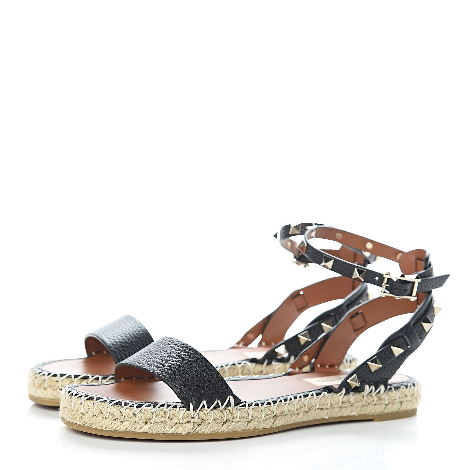 Valentino Garavani Grained Calfskin Rockstud Ankle Strap Espadrille Flat Sandals 37 Black 3 of 9