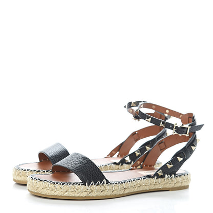 Valentino Garavani Grained Calfskin Rockstud Ankle Strap Espadrille Flat Sandals 37 Black 3 of 9