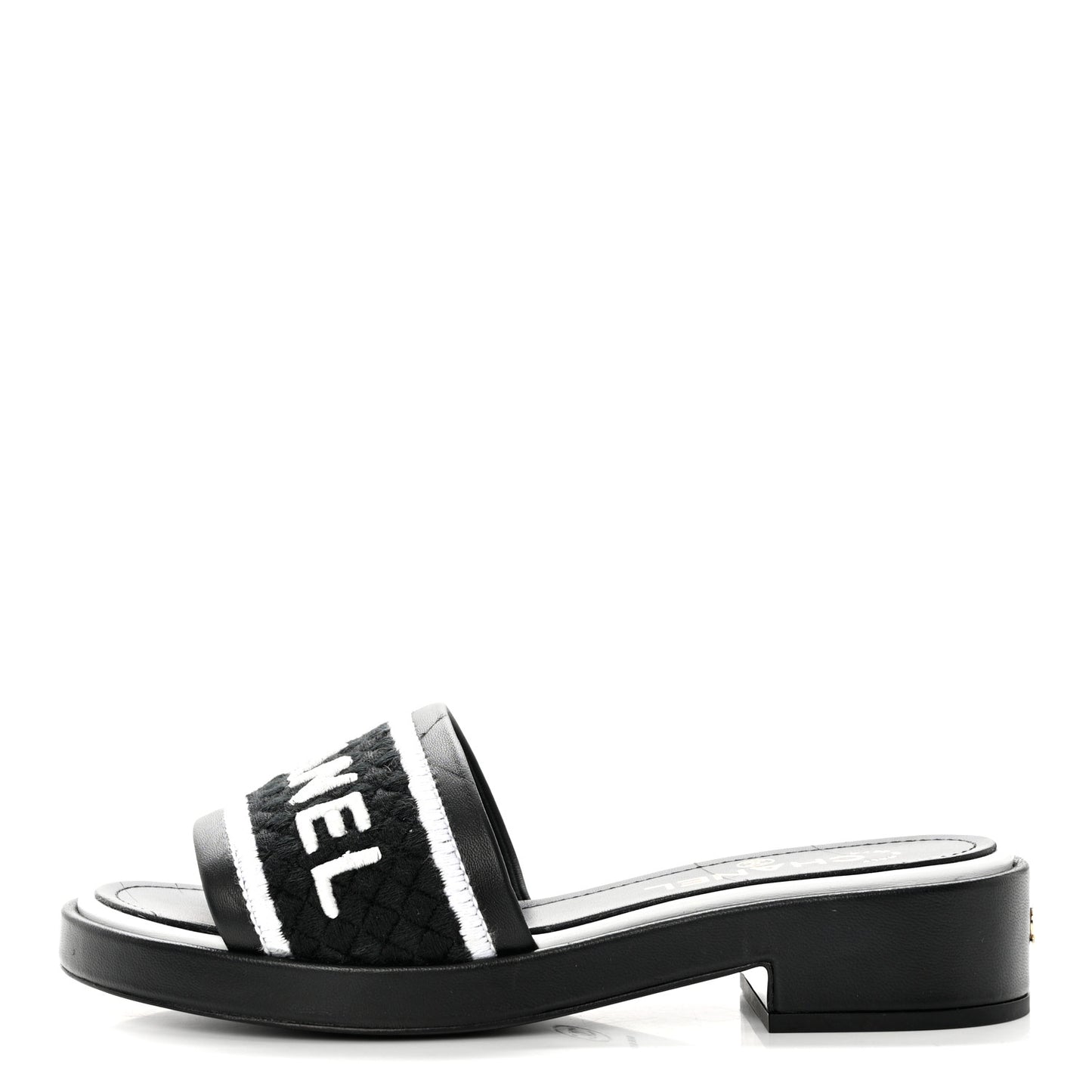 Lambskin Embroidered CC Mule Sandal 37 Black White