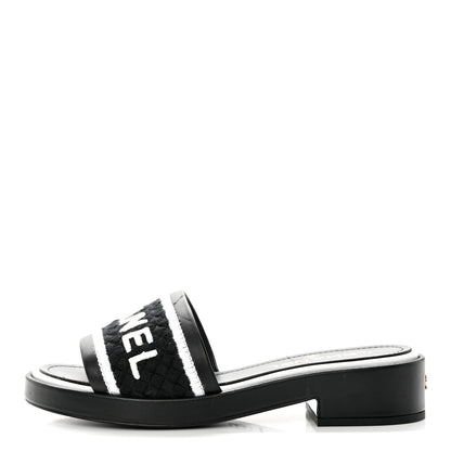 Chanel Lambskin Embroidered CC Mule Sandal 37 Black White 1 of 9